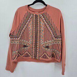 Anthropologie | Akemi & Kin Embroidered Cropped Crewneck Sweatshirt Peach Medium